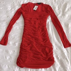 Bardot Red Long Sleeve Ruched Dress Size S